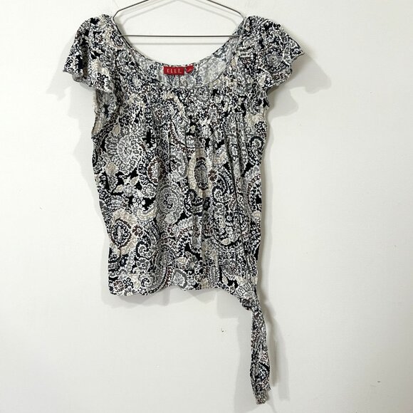 VTG ELLE Women’s Blouse M Paisley Knit Top Side Tie Waist Flutter Cap Sleeve - Picture 1 of 10